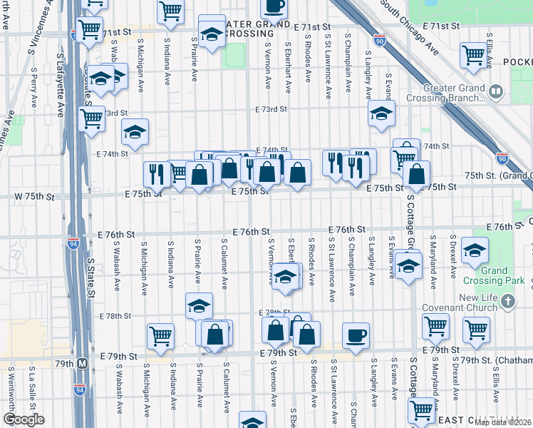 map of restaurants, bars, coffee shops, grocery stores, and more near 7549 South Vernon Avenue in Chicago