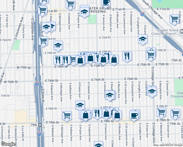 map of restaurants, bars, coffee shops, grocery stores, and more near 7545 South Calumet Avenue in Chicago