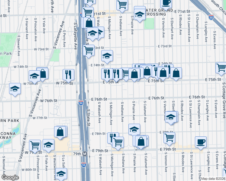 map of restaurants, bars, coffee shops, grocery stores, and more near 7549 South Michigan Avenue in Chicago