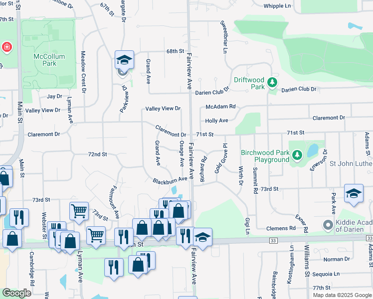 map of restaurants, bars, coffee shops, grocery stores, and more near 407 Ridgeview Street in Downers Grove