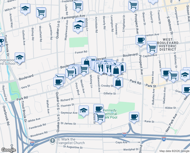 map of restaurants, bars, coffee shops, grocery stores, and more near 23 Oakwood Avenue in West Hartford