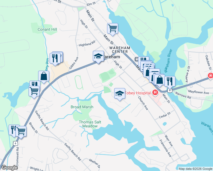map of restaurants, bars, coffee shops, grocery stores, and more near 3 Viking Drive in Wareham