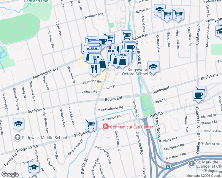 map of restaurants, bars, coffee shops, grocery stores, and more near 68 South Main Street in West Hartford