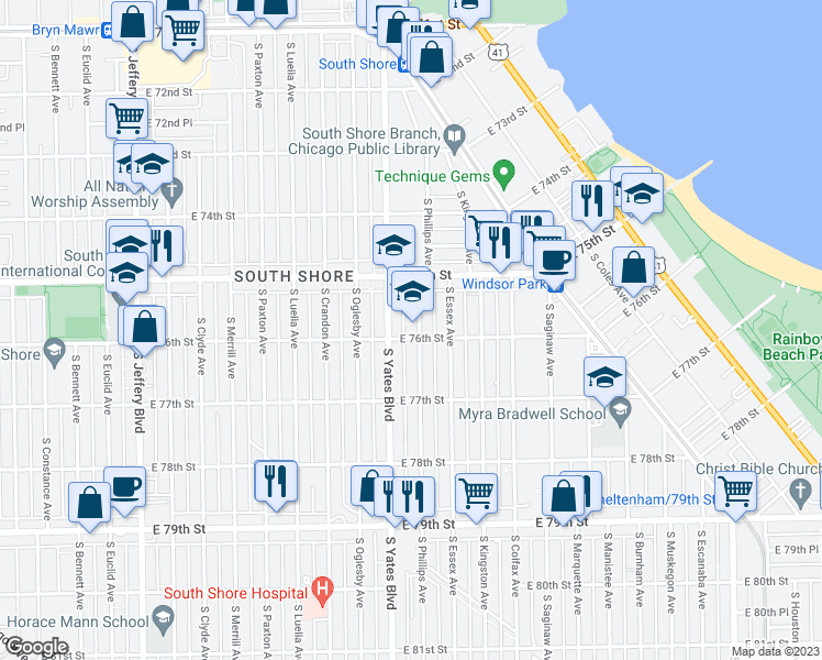 map of restaurants, bars, coffee shops, grocery stores, and more near 7550 South Phillips Avenue in Chicago