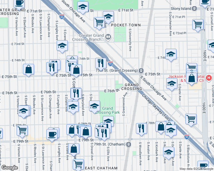 map of restaurants, bars, coffee shops, grocery stores, and more near 1006 East 76th Street in Chicago