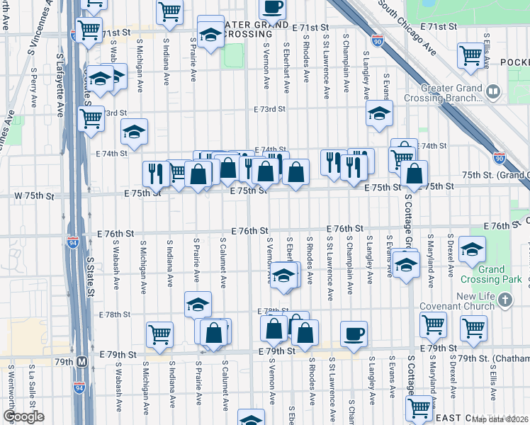 map of restaurants, bars, coffee shops, grocery stores, and more near 7549 South Vernon Avenue in Chicago