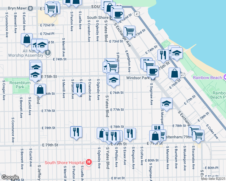 map of restaurants, bars, coffee shops, grocery stores, and more near 7604 South Phillips Avenue in Chicago