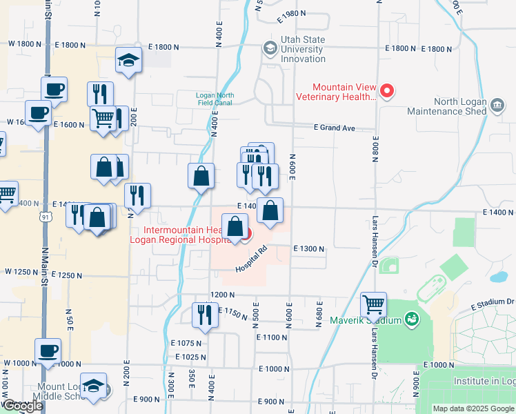 map of restaurants, bars, coffee shops, grocery stores, and more near 500 East 1400 North in Logan