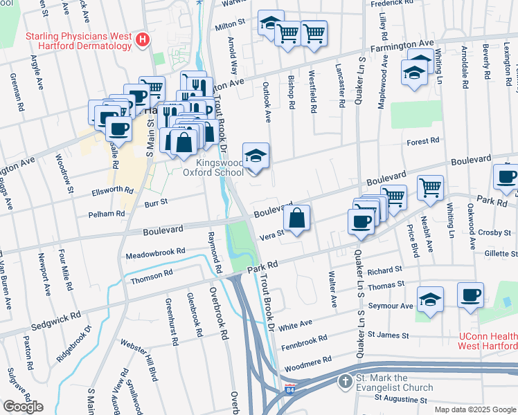 map of restaurants, bars, coffee shops, grocery stores, and more near 1465 Boulevard in West Hartford