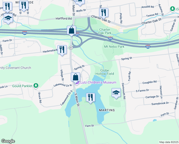 map of restaurants, bars, coffee shops, grocery stores, and more near 100 Comstock Road in Manchester