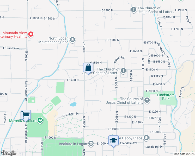 map of restaurants, bars, coffee shops, grocery stores, and more near 1261 East Talmage Lane in Logan