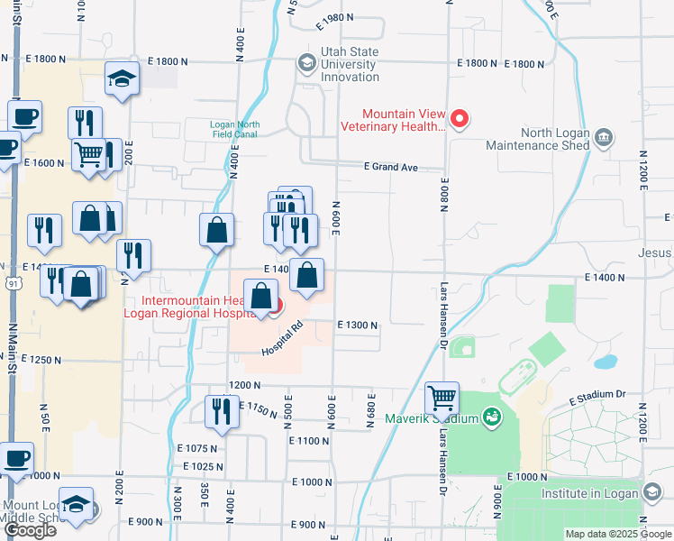 map of restaurants, bars, coffee shops, grocery stores, and more near 1400 600 East in Logan
