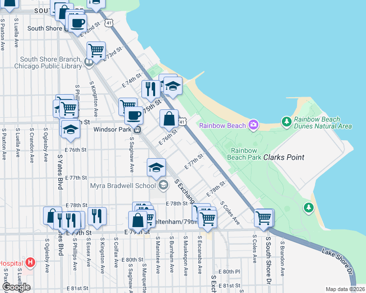 map of restaurants, bars, coffee shops, grocery stores, and more near 7635 South Coles Avenue in Chicago
