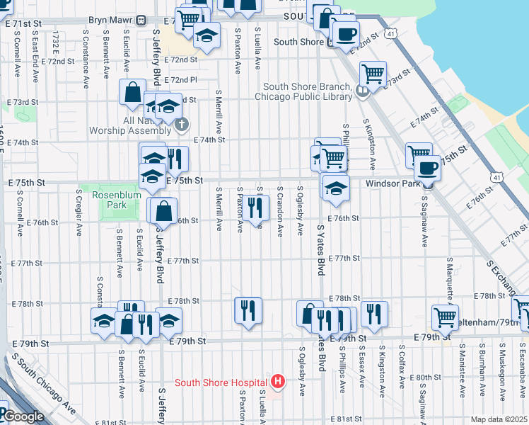 map of restaurants, bars, coffee shops, grocery stores, and more near 7600 South Luella Avenue in Chicago