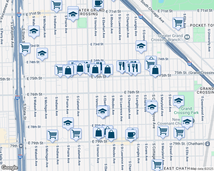 map of restaurants, bars, coffee shops, grocery stores, and more near 7548 South Rhodes Avenue in Chicago