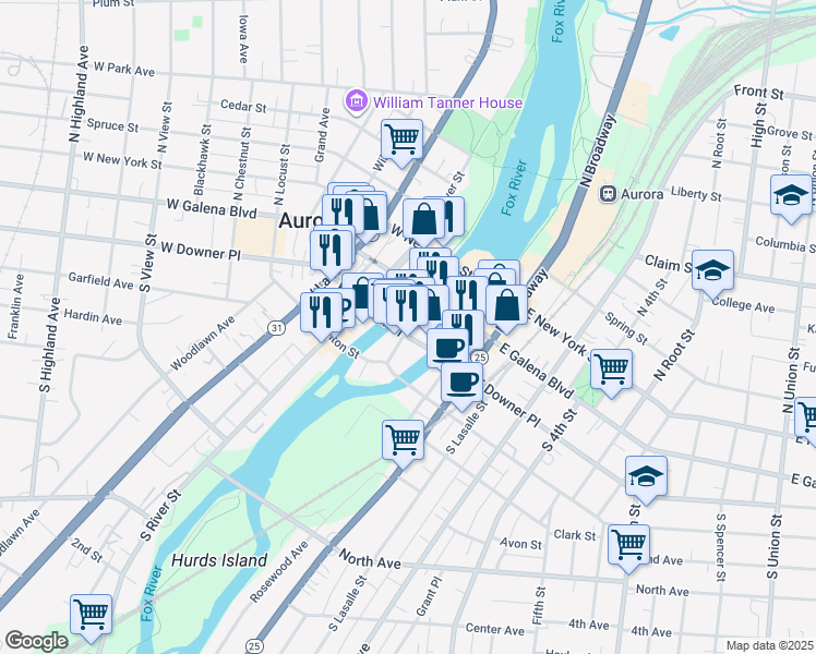 map of restaurants, bars, coffee shops, grocery stores, and more near 1 West Downer Place in Aurora