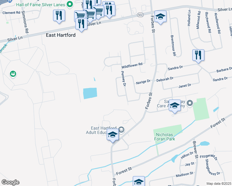 map of restaurants, bars, coffee shops, grocery stores, and more near 15 Wentworth Drive in East Hartford