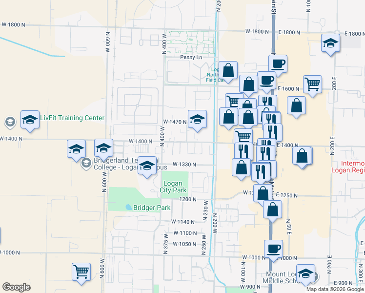 map of restaurants, bars, coffee shops, grocery stores, and more near 1396 North 310 West in Logan
