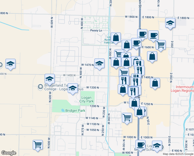 map of restaurants, bars, coffee shops, grocery stores, and more near 1393 North 260 West in Logan