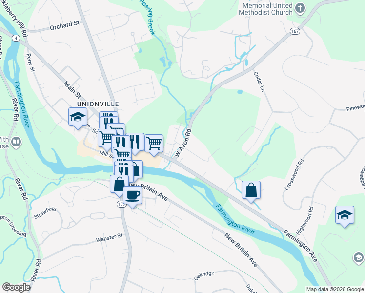 map of restaurants, bars, coffee shops, grocery stores, and more near West Avon Road & Keyes Street in Farmington