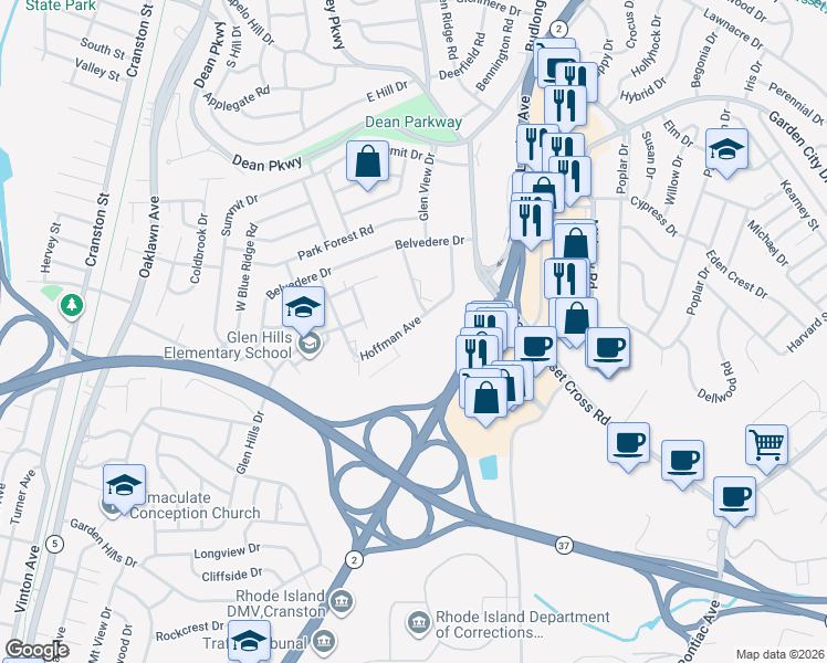 map of restaurants, bars, coffee shops, grocery stores, and more near 143 Hoffman Avenue in Cranston