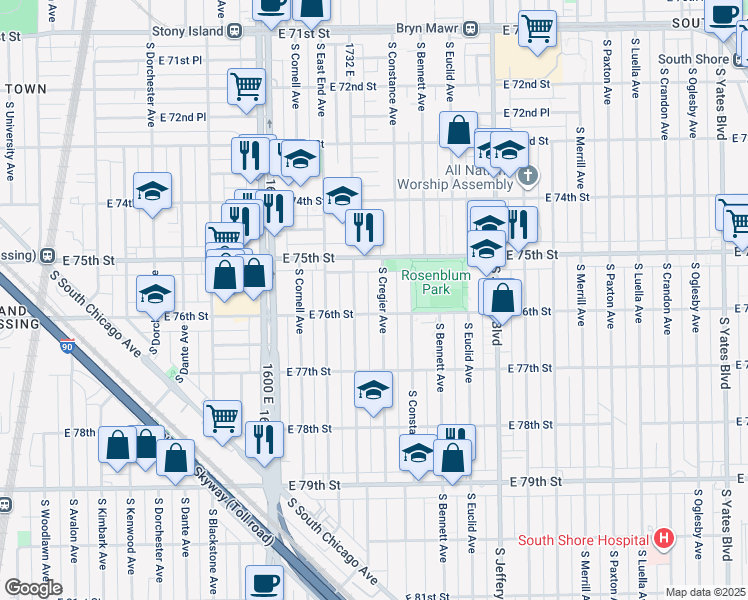 map of restaurants, bars, coffee shops, grocery stores, and more near 7559 South Ridgeland Avenue in Chicago