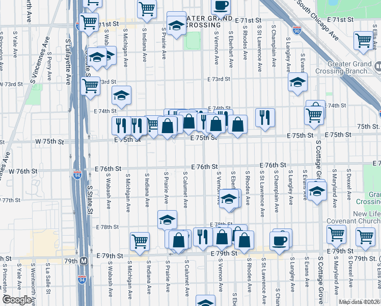 map of restaurants, bars, coffee shops, grocery stores, and more near 7545 South Calumet Avenue in Chicago
