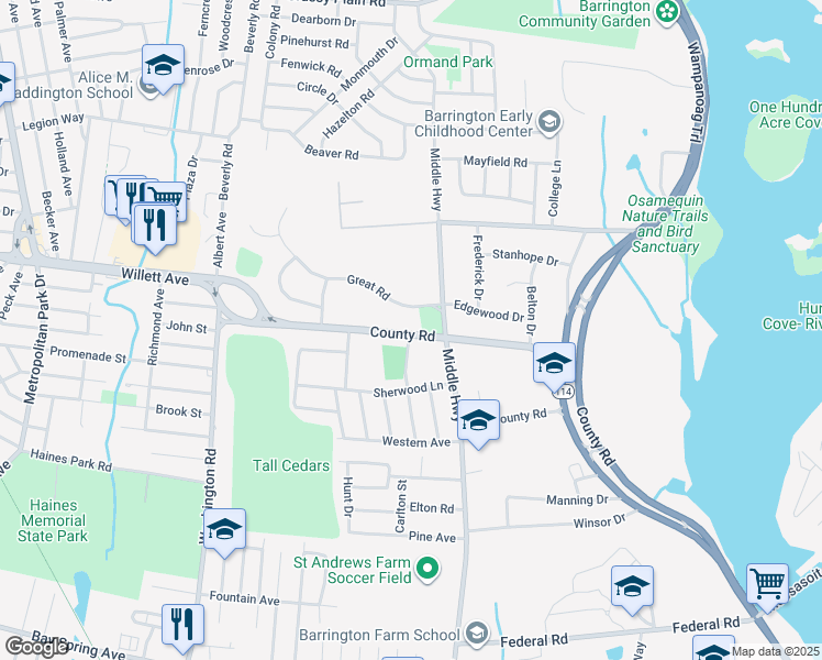 map of restaurants, bars, coffee shops, grocery stores, and more near 671 County Road in Barrington
