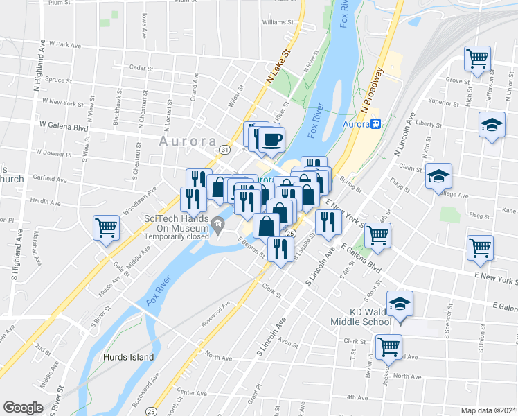 map of restaurants, bars, coffee shops, grocery stores, and more near 30 S Stolp Ave in Aurora