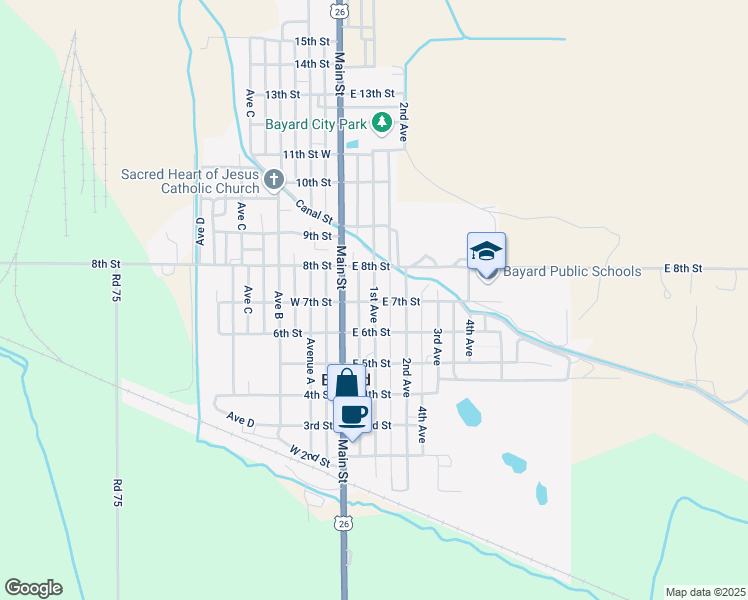 map of restaurants, bars, coffee shops, grocery stores, and more near 799 1st Avenue in Bayard
