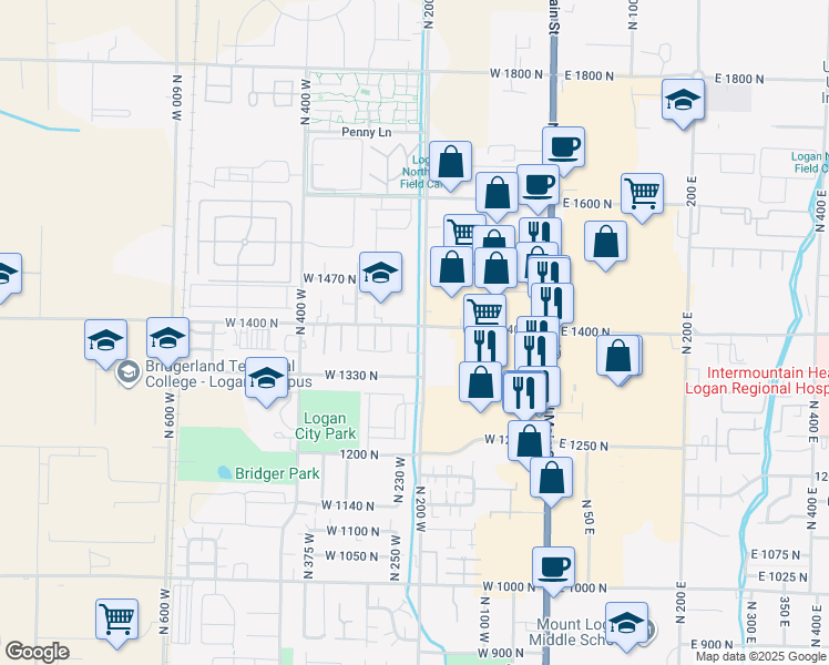 map of restaurants, bars, coffee shops, grocery stores, and more near 1352 North 1400 East in Logan