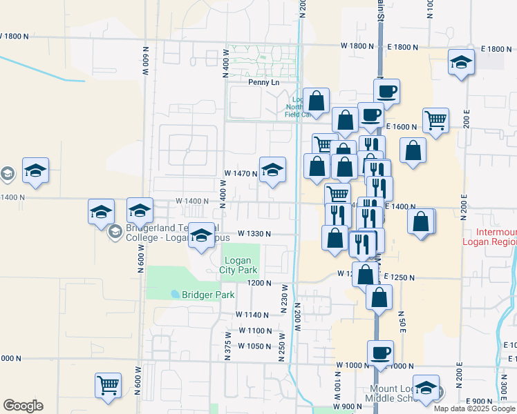 map of restaurants, bars, coffee shops, grocery stores, and more near 1370 North 290 West in Logan