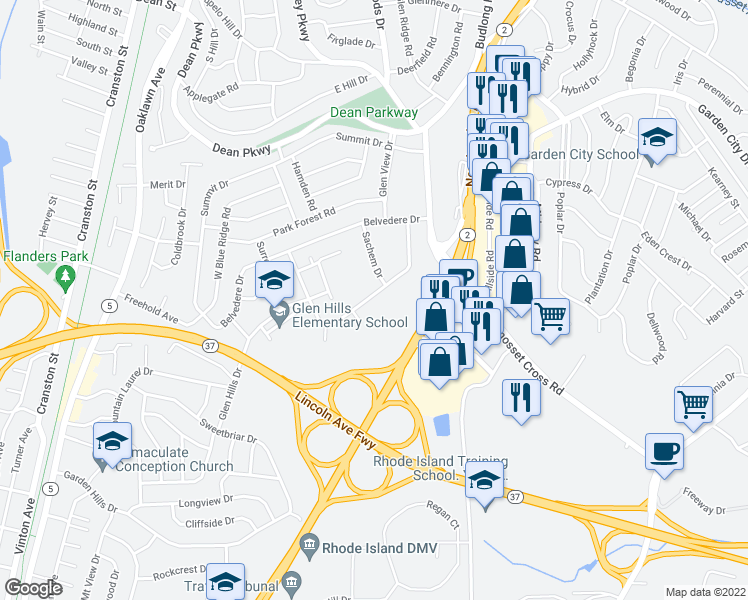 map of restaurants, bars, coffee shops, grocery stores, and more near 161 Hoffman Avenue in Cranston