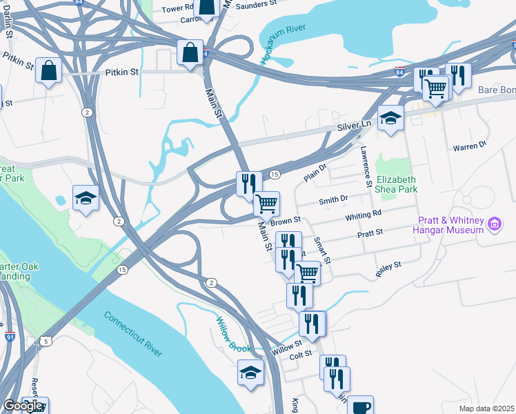 map of restaurants, bars, coffee shops, grocery stores, and more near 1 Willys Street in East Hartford