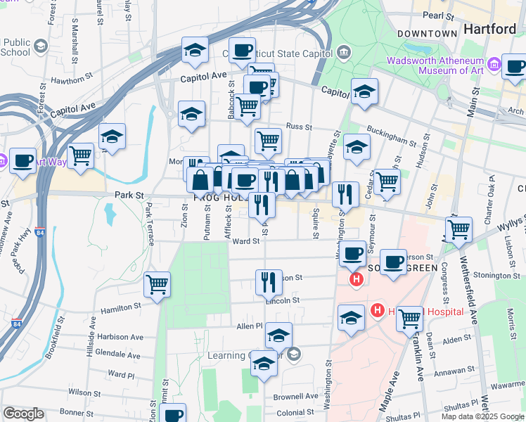 map of restaurants, bars, coffee shops, grocery stores, and more near 912 Broad Street in Hartford