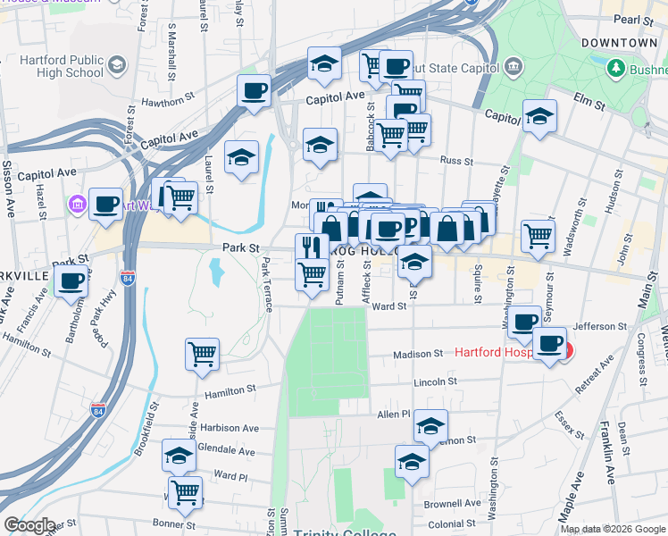 map of restaurants, bars, coffee shops, grocery stores, and more near 586-588 Zion Street in Hartford