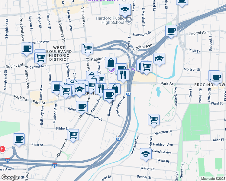 map of restaurants, bars, coffee shops, grocery stores, and more near in Hartford