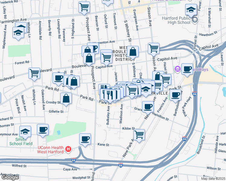 map of restaurants, bars, coffee shops, grocery stores, and more near 25 Dorothy Street in Hartford