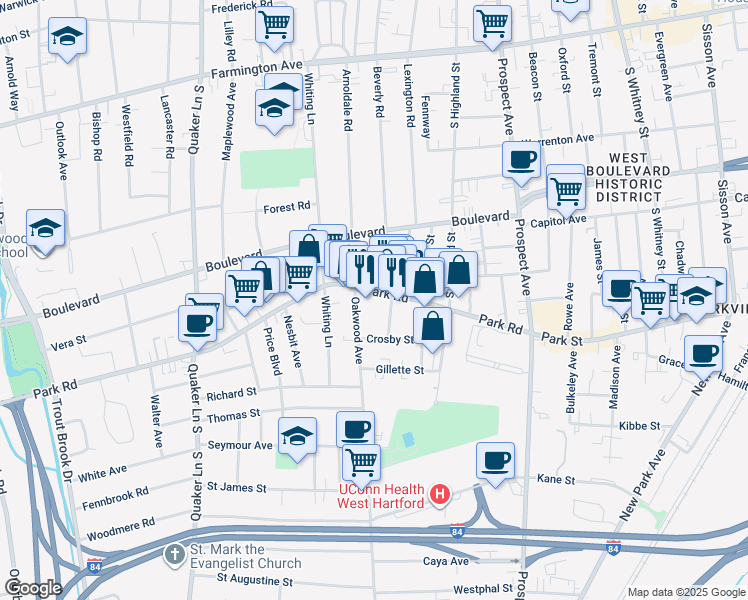 map of restaurants, bars, coffee shops, grocery stores, and more near 21 Kingston Street in West Hartford