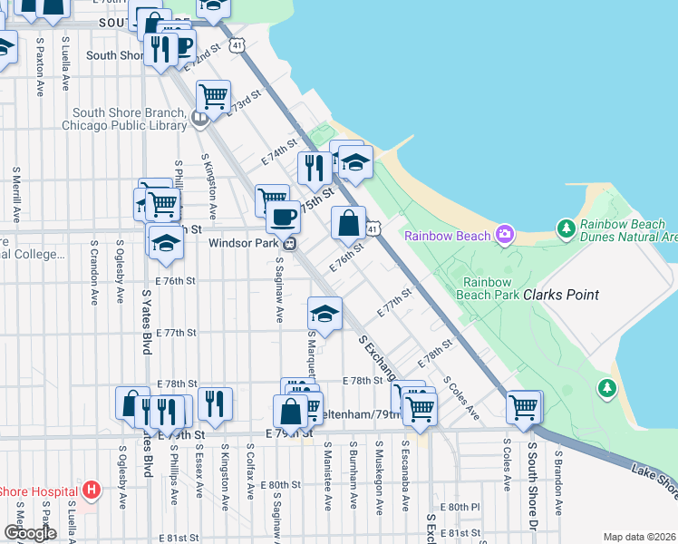 map of restaurants, bars, coffee shops, grocery stores, and more near 2822 East 76th Place in Chicago