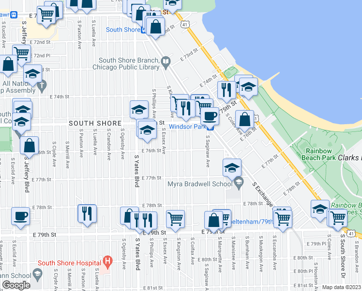 map of restaurants, bars, coffee shops, grocery stores, and more near 2543 East 76th Street in Chicago