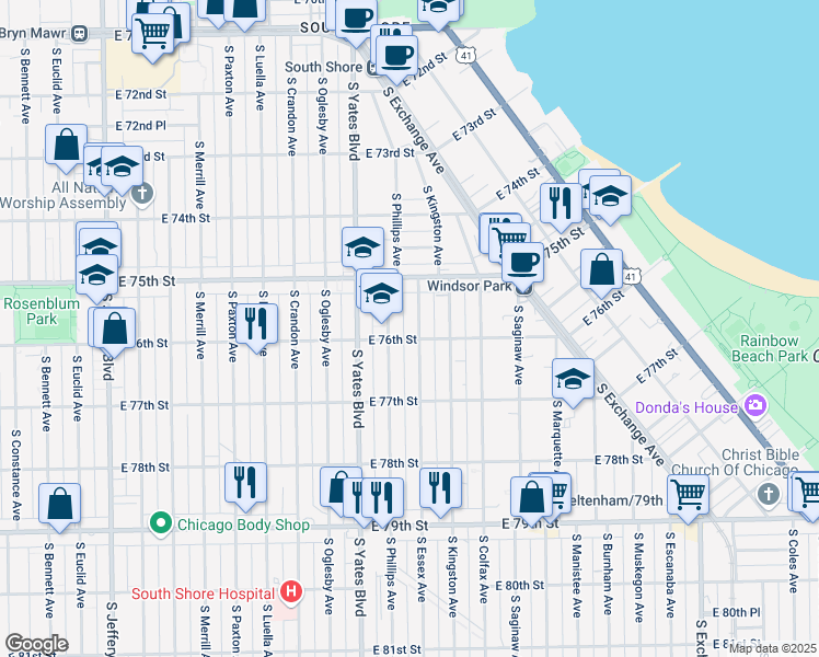 map of restaurants, bars, coffee shops, grocery stores, and more near 7602 South Essex Avenue in Chicago