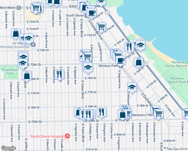 map of restaurants, bars, coffee shops, grocery stores, and more near 7602 South Essex Avenue in Chicago