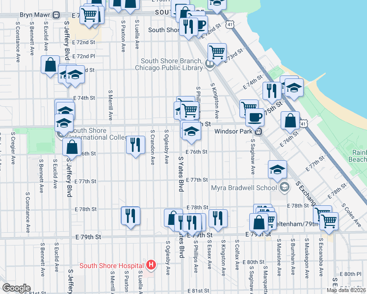 map of restaurants, bars, coffee shops, grocery stores, and more near 7604 South Phillips Avenue in Chicago