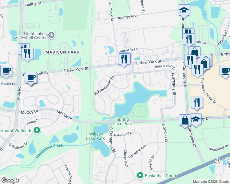 map of restaurants, bars, coffee shops, grocery stores, and more near 303 Persimmon Court in Aurora