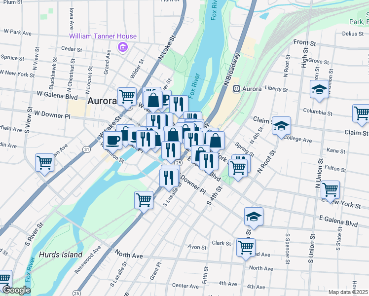 map of restaurants, bars, coffee shops, grocery stores, and more near 29 North Broadway in Aurora