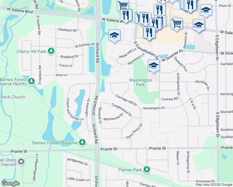 map of restaurants, bars, coffee shops, grocery stores, and more near 256 Carriage Hill Drive in Aurora