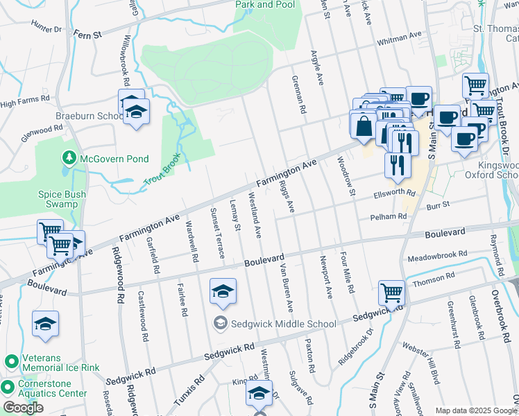 map of restaurants, bars, coffee shops, grocery stores, and more near 26 Westland Avenue in West Hartford