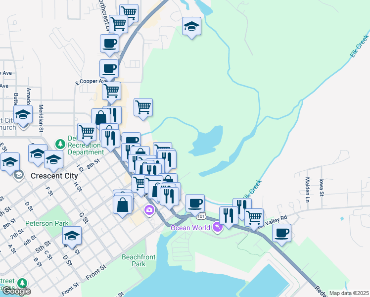 map of restaurants, bars, coffee shops, grocery stores, and more near 1700 5th Street in Crescent City