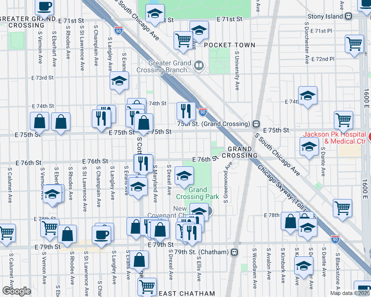 map of restaurants, bars, coffee shops, grocery stores, and more near 7535 South Ingleside Avenue in Chicago